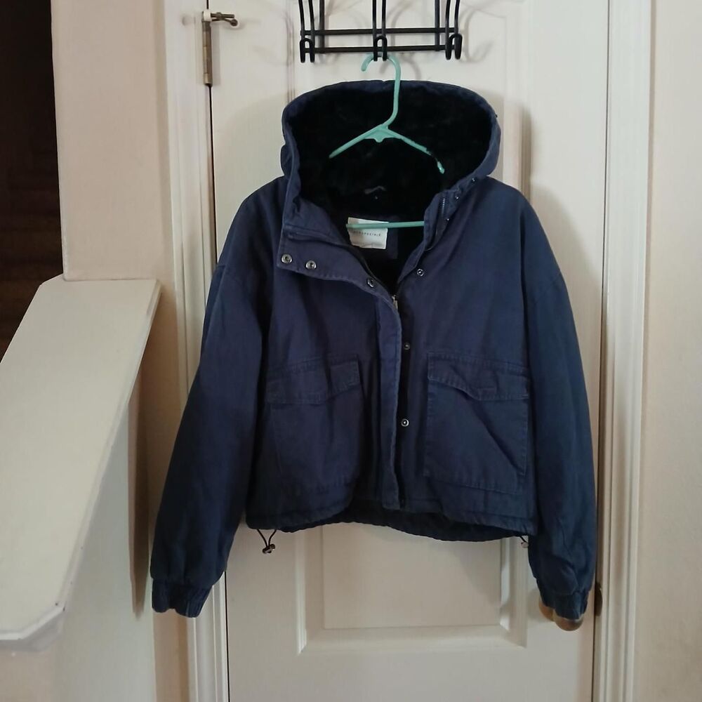 Y2K Style Aeropostale Navy Blue Faux Fur Lined Hooded Bomber Utility Jacket L